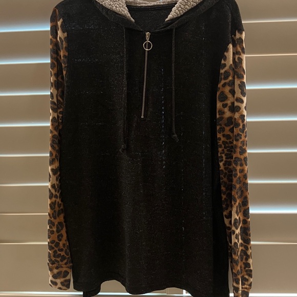 Tops - Black Hoodie with Leopard Print Sleeves, Sherpa Hood